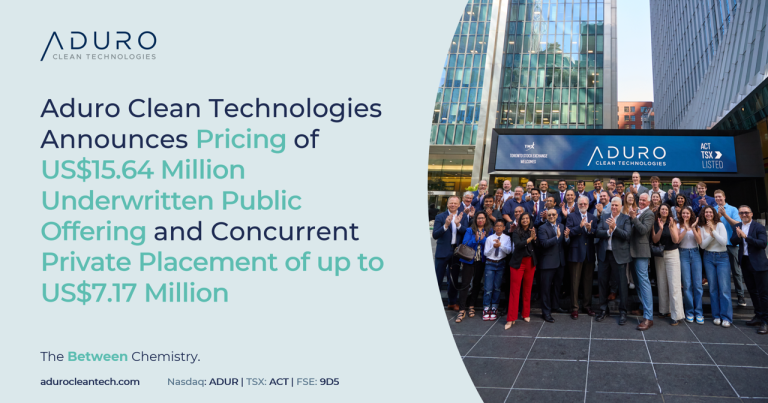 Aduro Clean Technologies Announces Funding Package Worth Up To US$22.81 Million